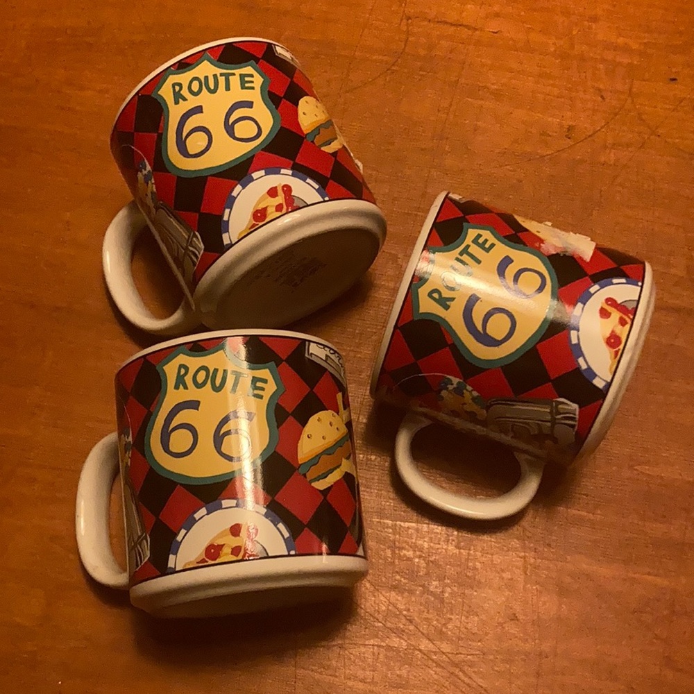 🏁🏎 Set of Three Sue Zipkin Route 66 1990s Coffee Mugs 🍔🇺🇸